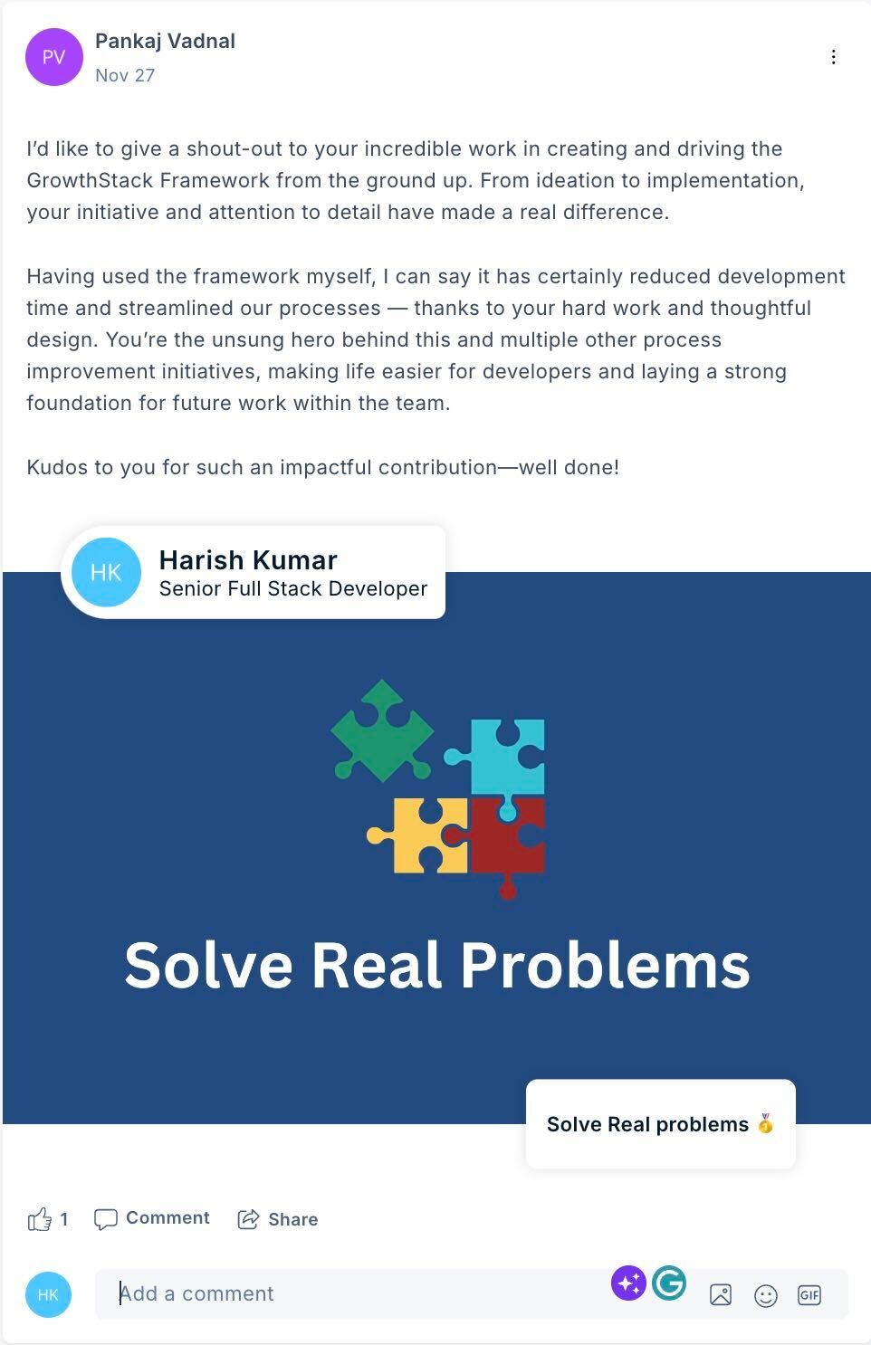 Pankaj Vadnal recognizing Harish for creating and driving the GrowthStack Framework from the ground up