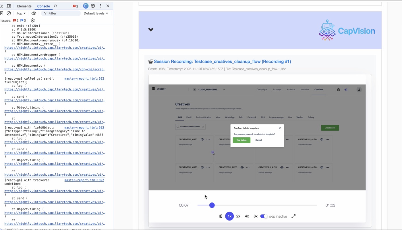 CapVision unified timeline — console overlay and DOM state at the same playback position, delete confirmation modal visible