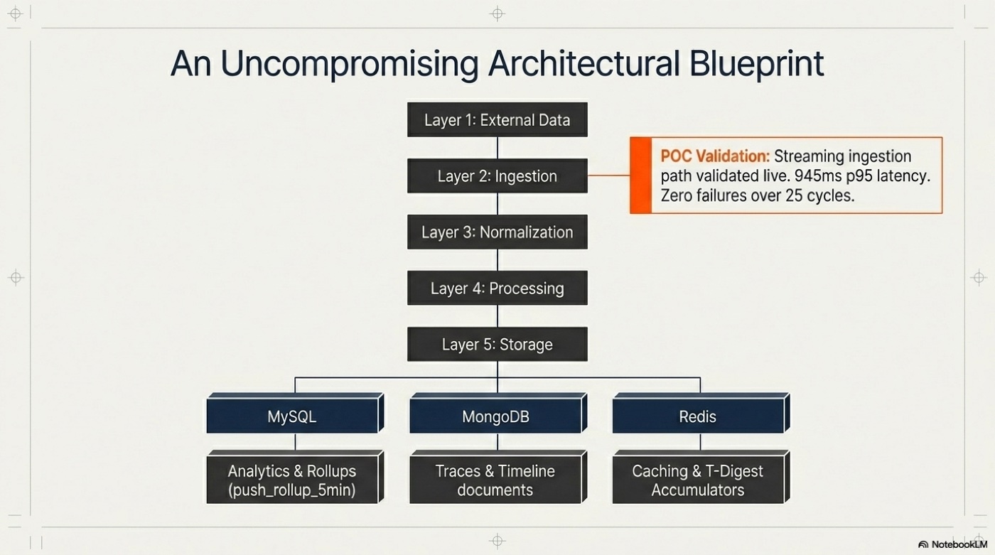 Seven-layer architecture blueprint — Streaming Poller + Backlog Poller with POC validation callout